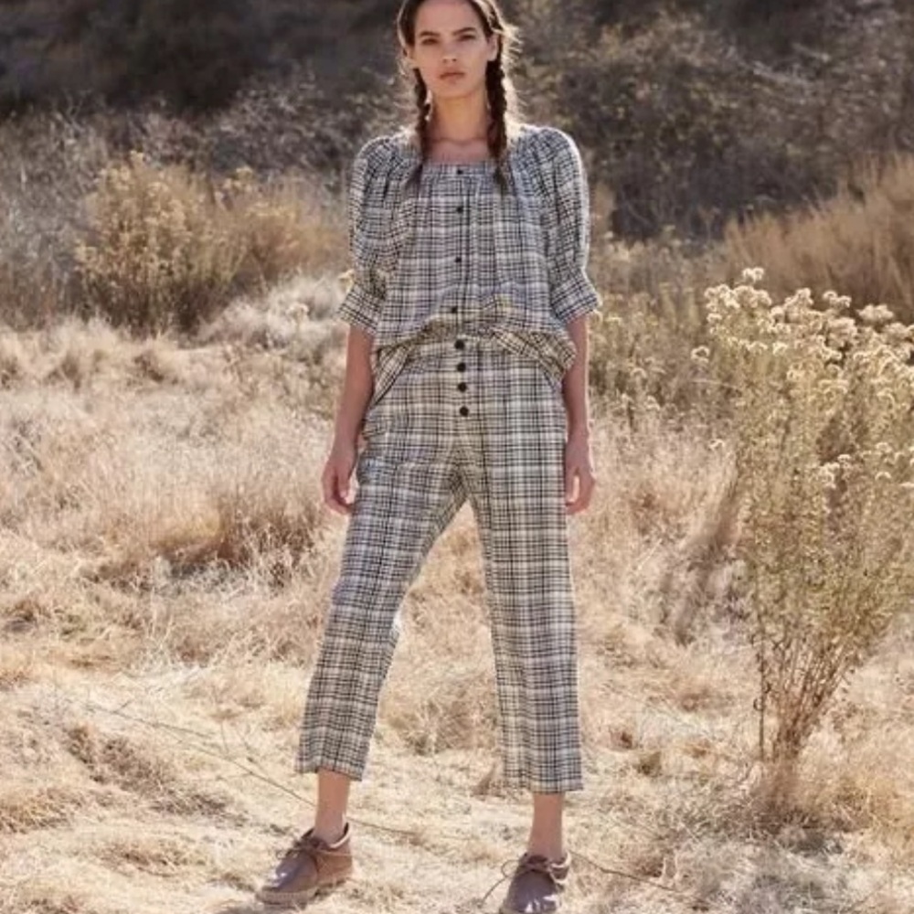 The GREAT. Gunnysack 2 Piece Matching Plaid Linen Lounge Pant/Top Set Boho EUC M